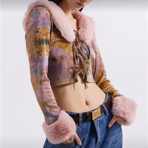 Cute fluffy collar pink crop top cardigan